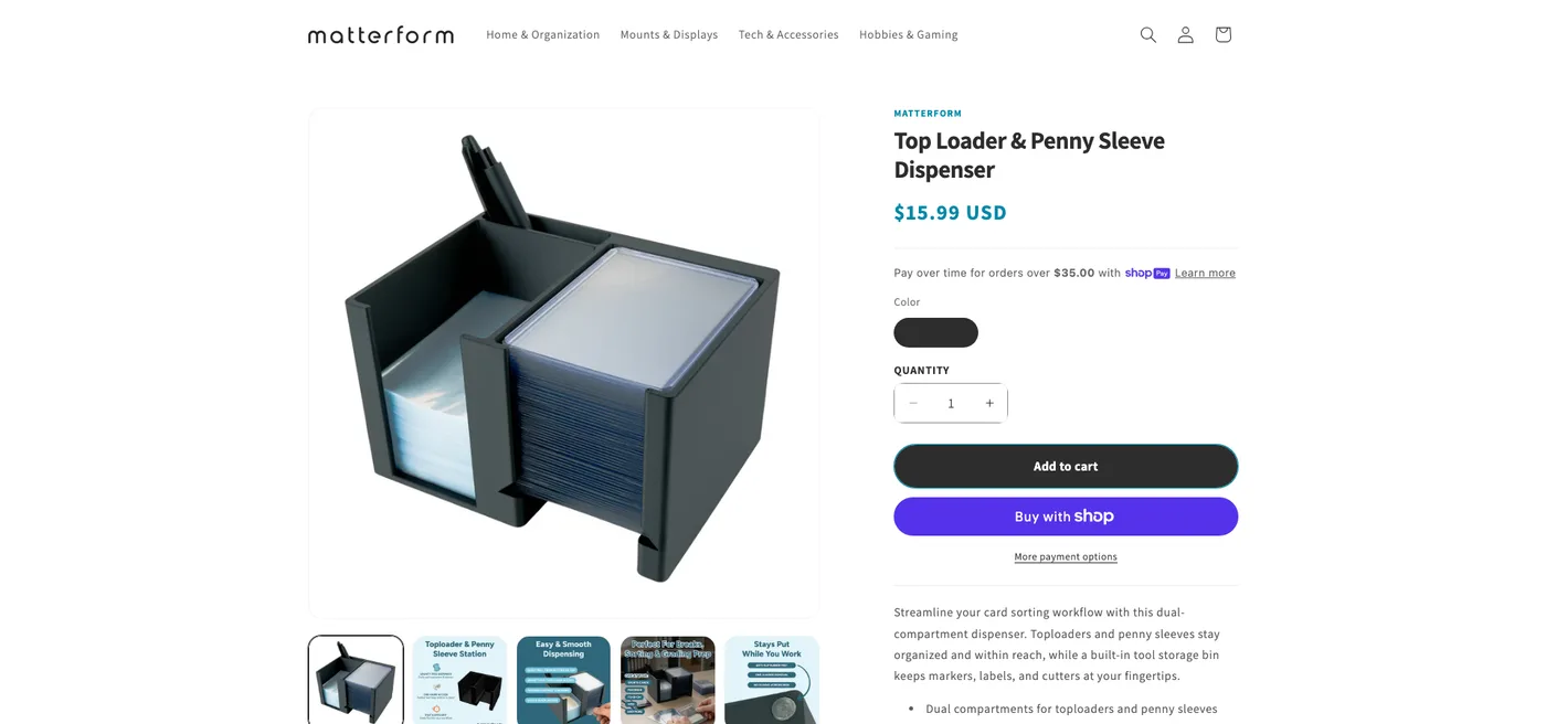 Matterform product detail page — Top Loader & Penny Sleeve Dispenser